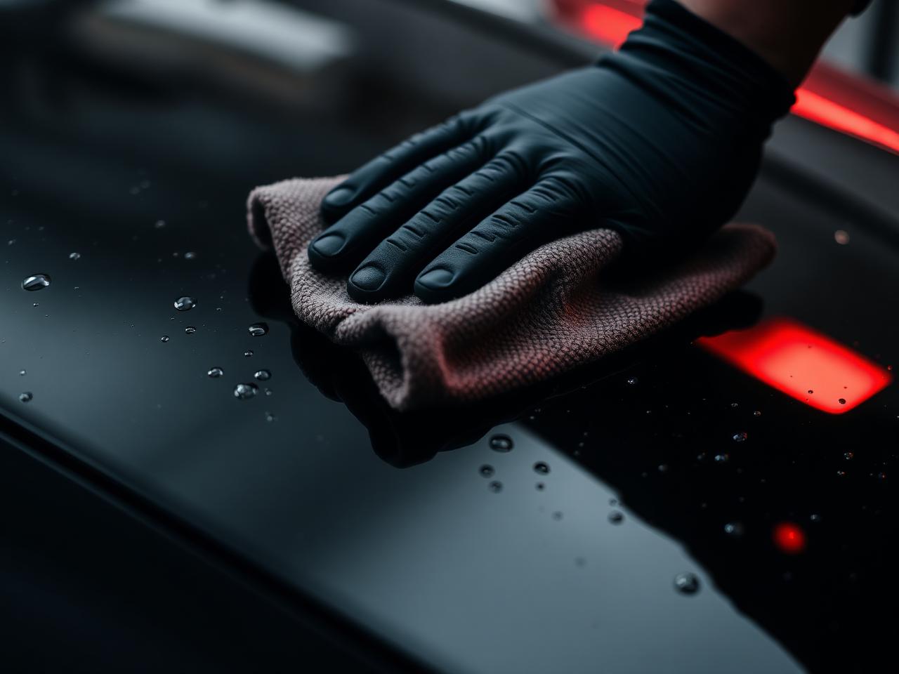 Detailer polishing glossy black paint with microfiber
